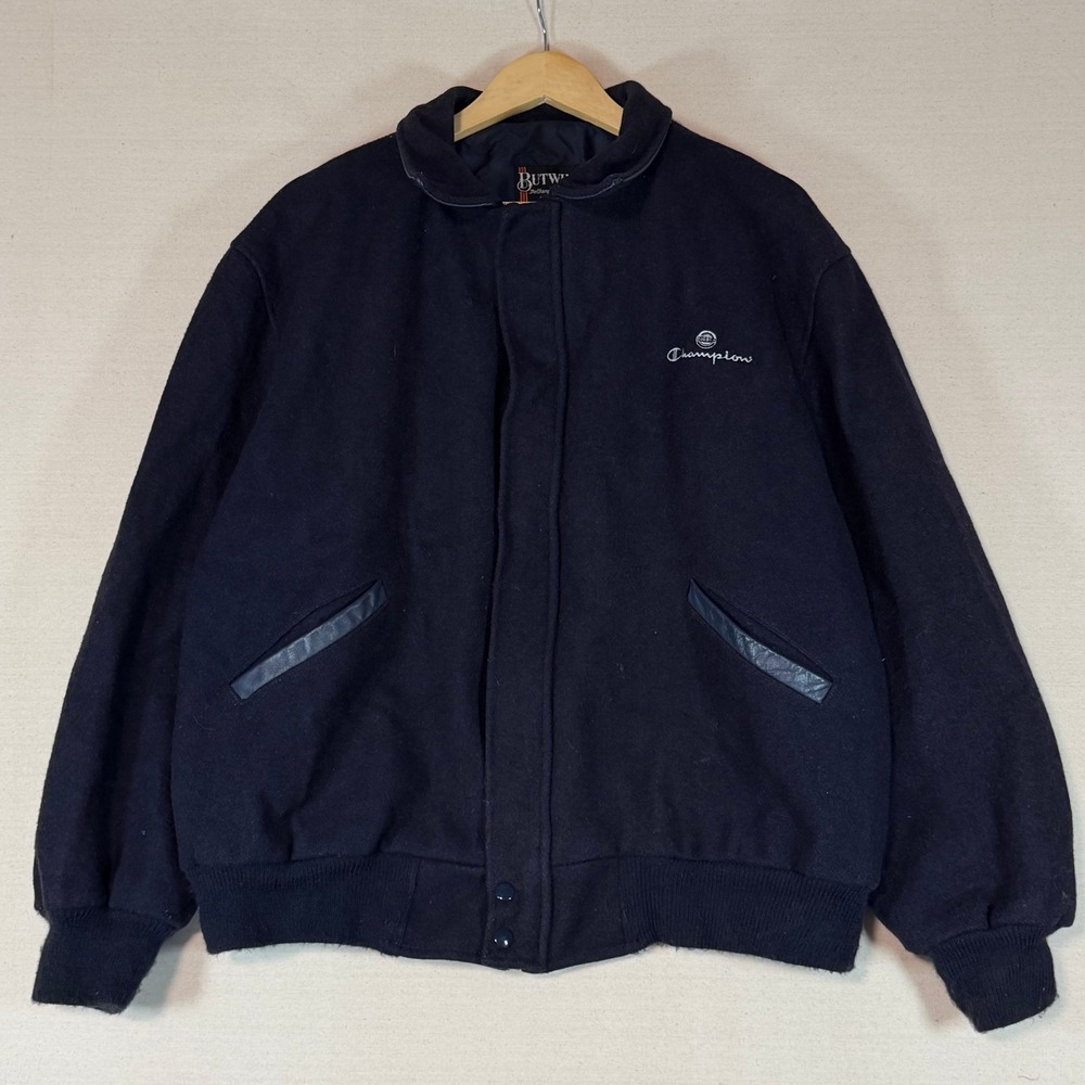 Vintage Butwin Wool Varsity Bomber Jacket Navy Blue Champion Jogbra USA Made XL